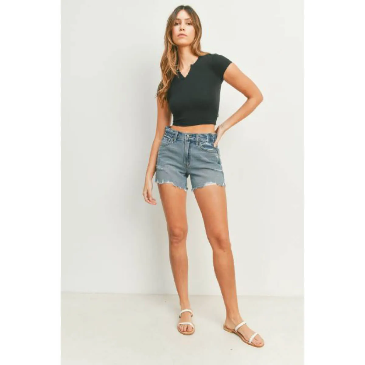 High Rise Distressed Denim Shorts