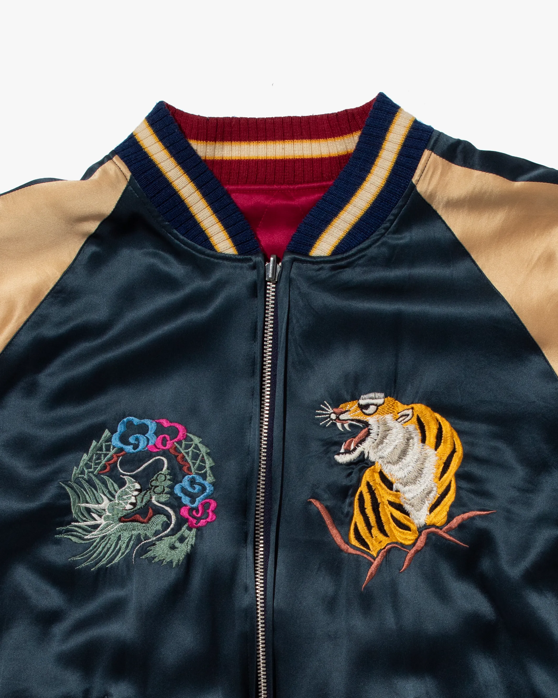 Japanese Repro Reversible Souvenir Jacket, Paradise Found Brand, Dark Teal with Dragon and Tiger - L