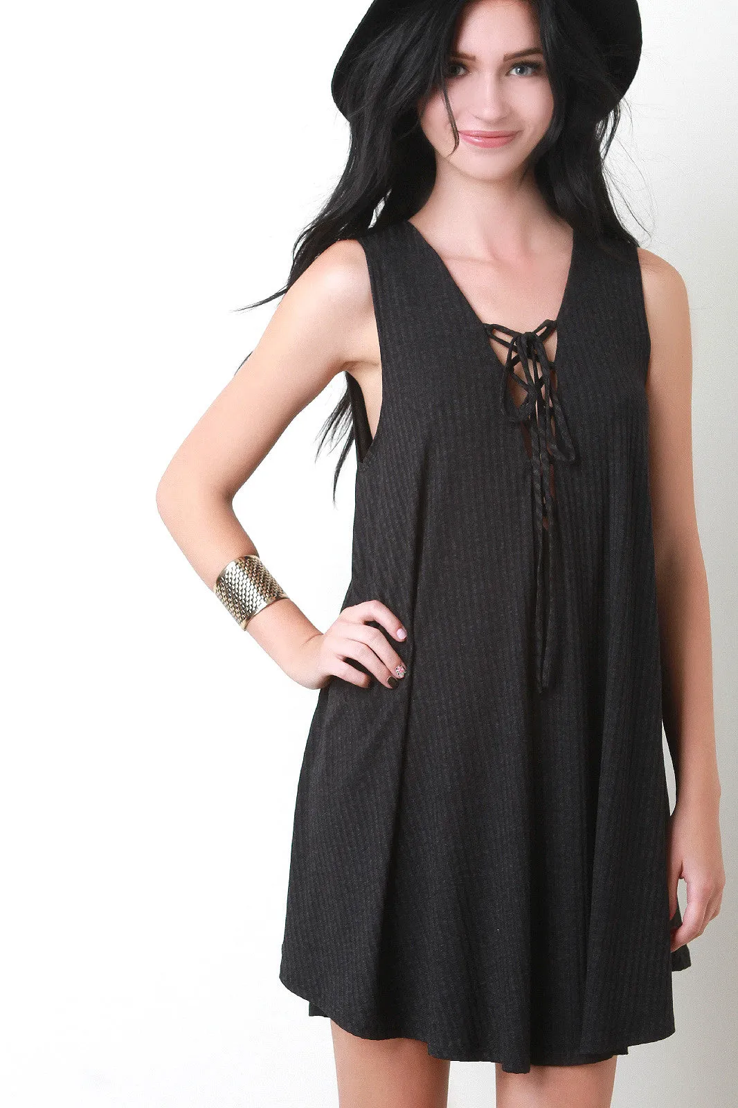 Lace Up Ribbed Sleeveless Shift Dress