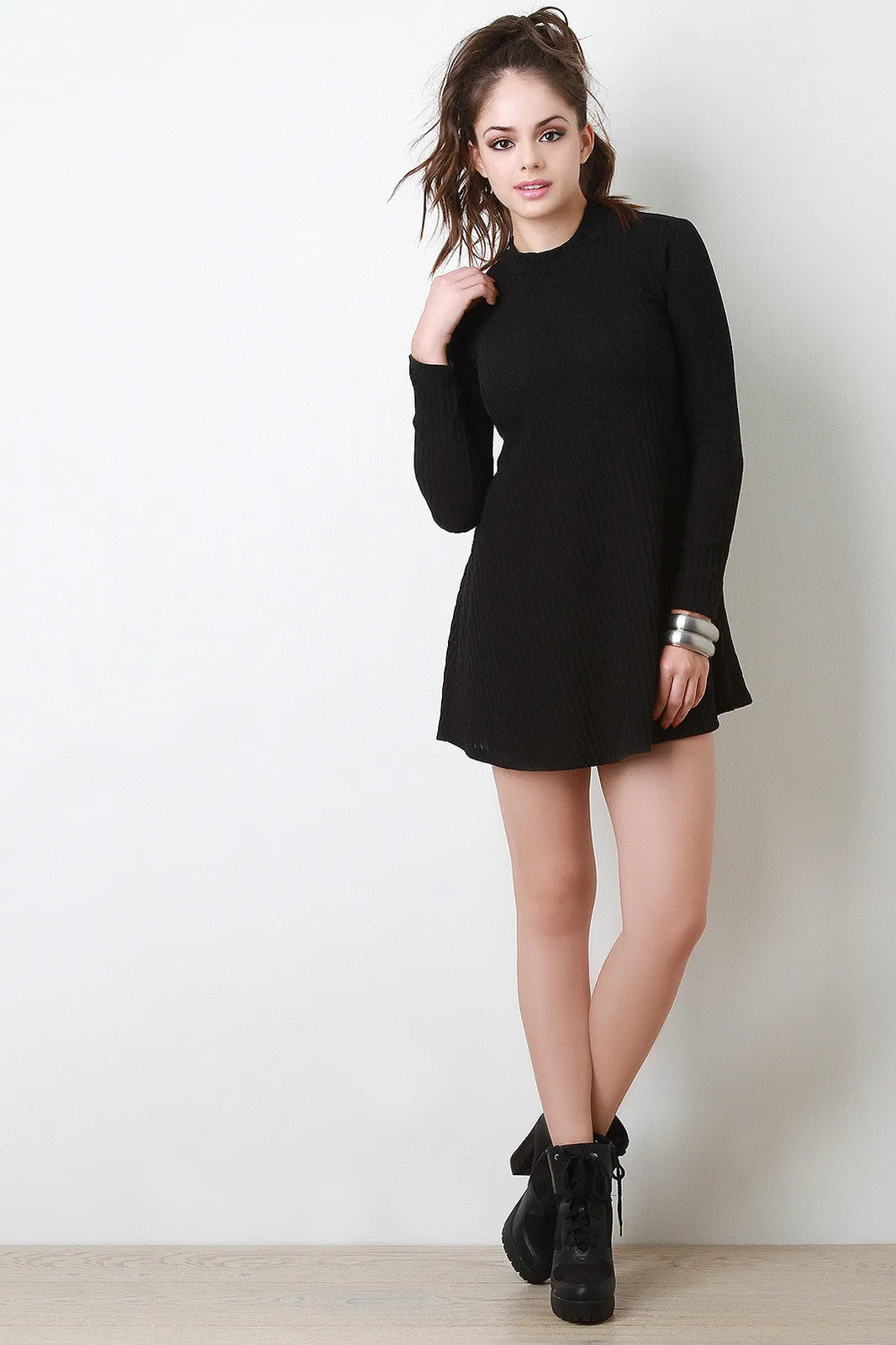 Long Sleeve Ribbed Knit Shift Dress