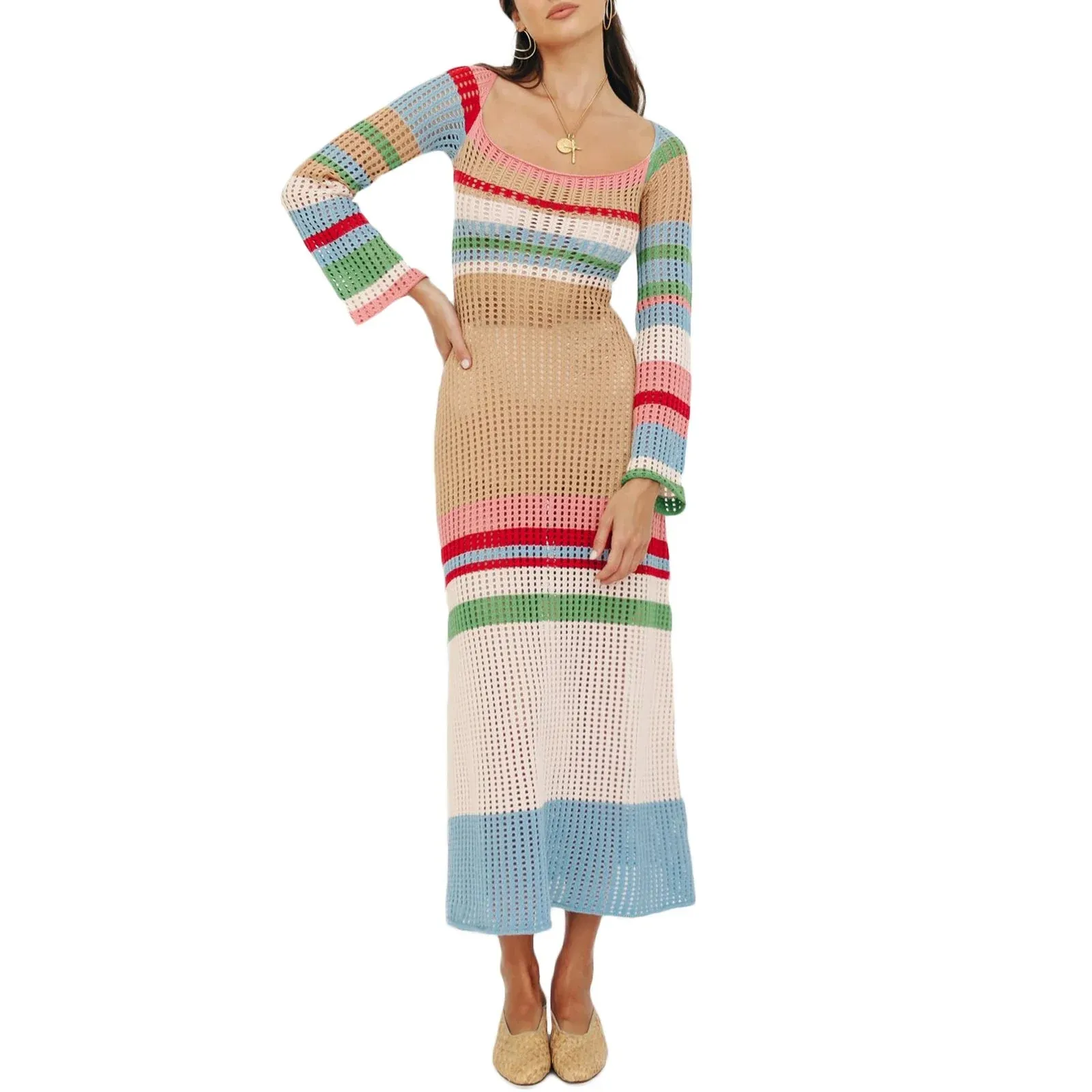 Long Sleeve See-Through Mesh Loose Striped Slimming Fall Summer Maxi Knitting Dress