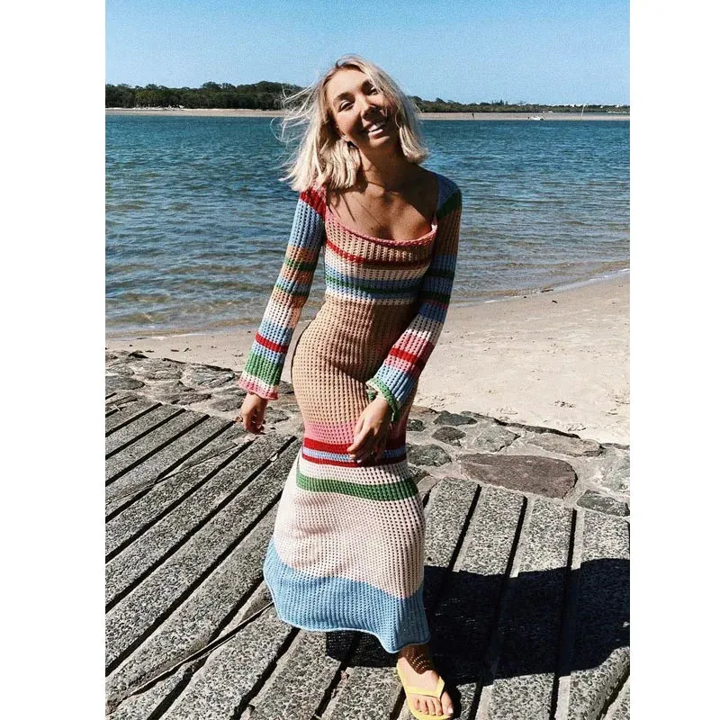 Long Sleeve See-Through Mesh Loose Striped Slimming Fall Summer Maxi Knitting Dress