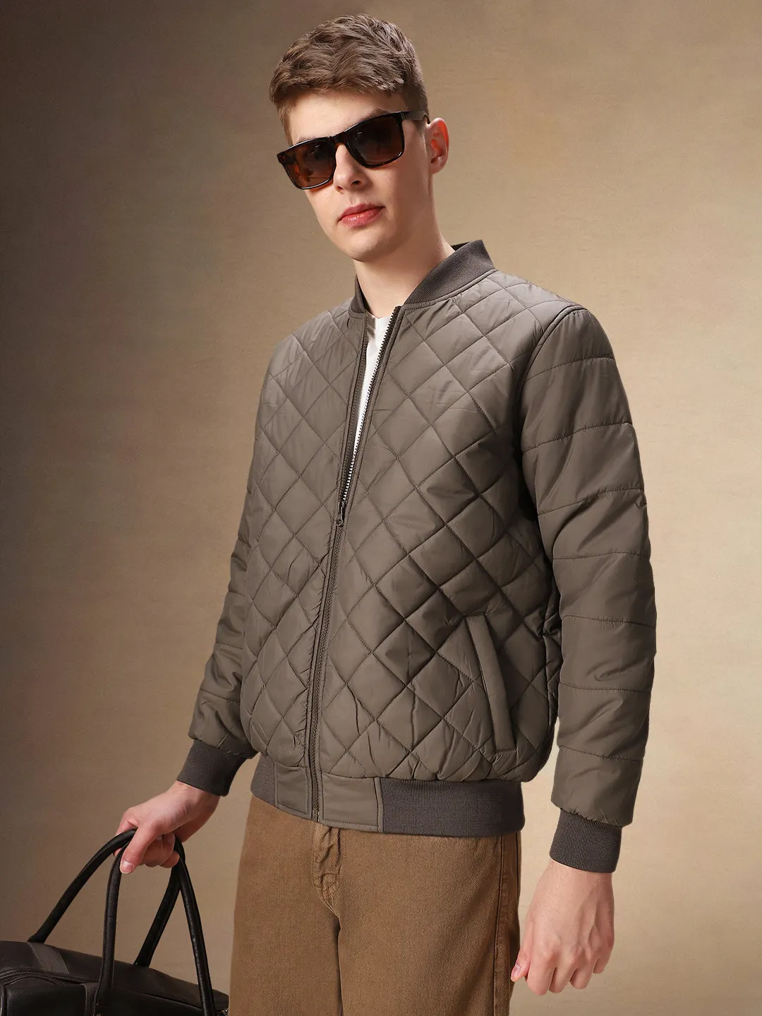 Men's Solid Quilted Rib Collar Full Sleeves Bomber Jacket