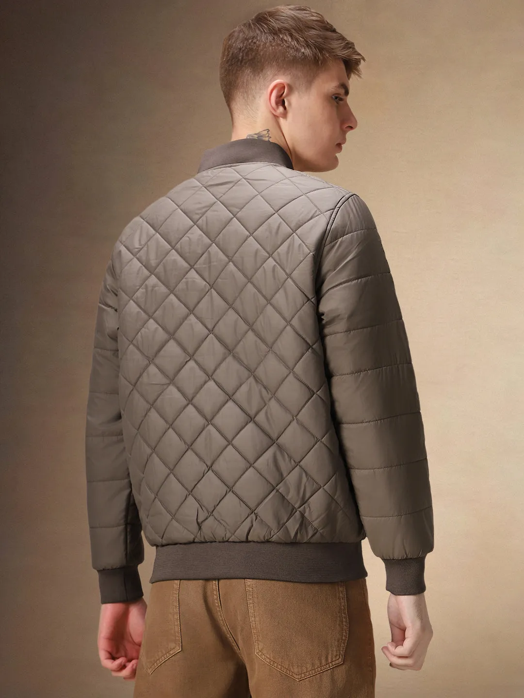 Men's Solid Quilted Rib Collar Full Sleeves Bomber Jacket