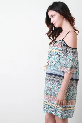 Mixed Pattern Open Shoulder Shift Dress