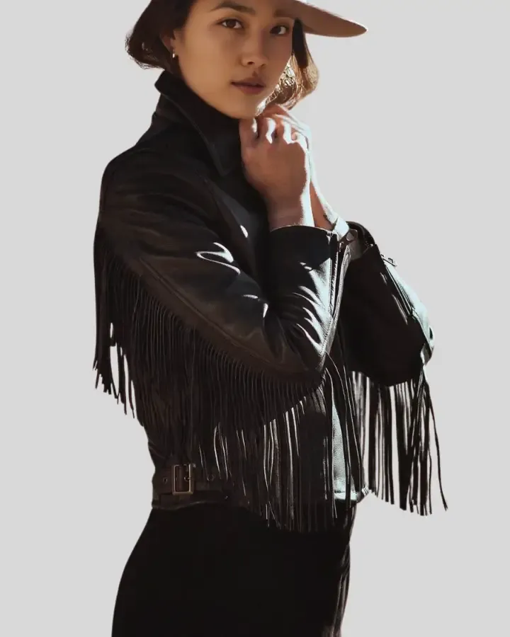 Natalia Black Fringes Racer Leather Jacket