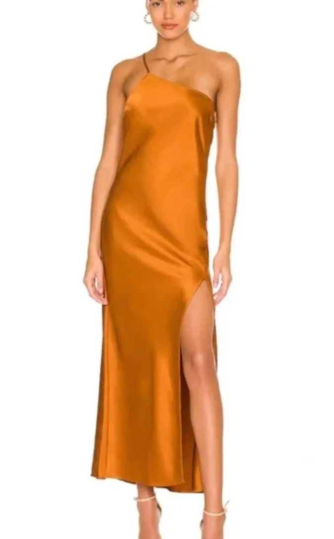 NBD Burnt Orange One Shoulder Midi Dress