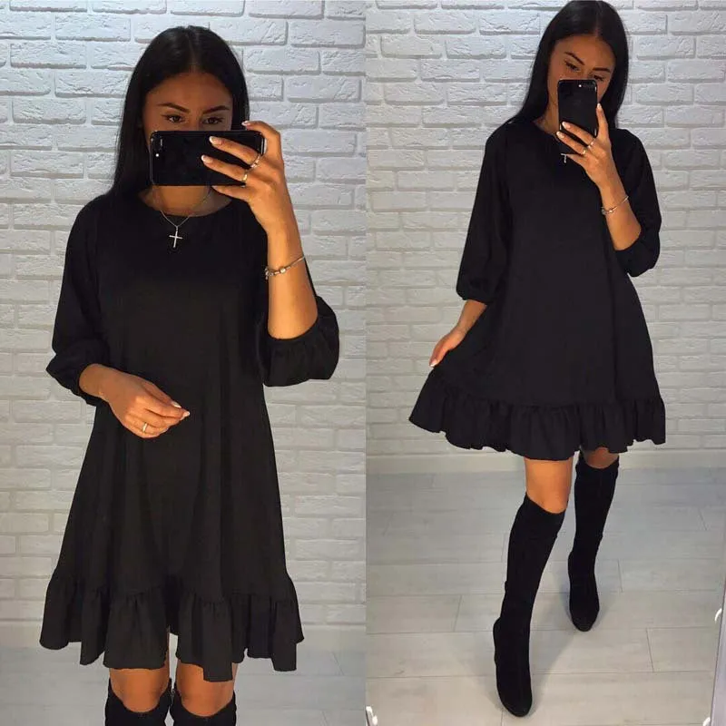 New Fashion Solid Color Pleated Puff L ong Sleeve Dress