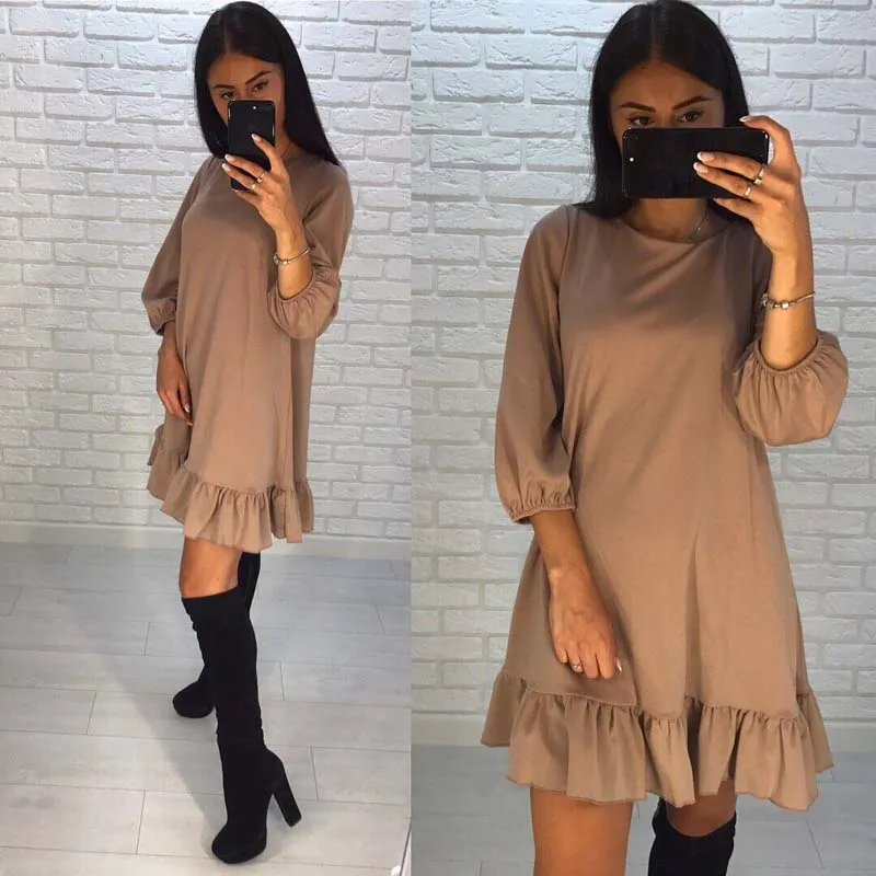 New Fashion Solid Color Pleated Puff L ong Sleeve Dress