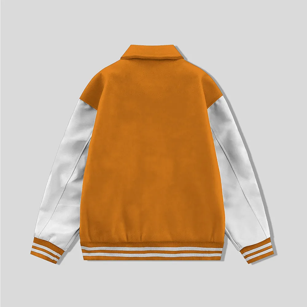 Orange Byron Collar Wool & Leather Varsity Jacket White Sleeves - Jack N Hoods