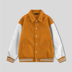 Orange Byron Collar Wool & Leather Varsity Jacket White Sleeves - Jack N Hoods