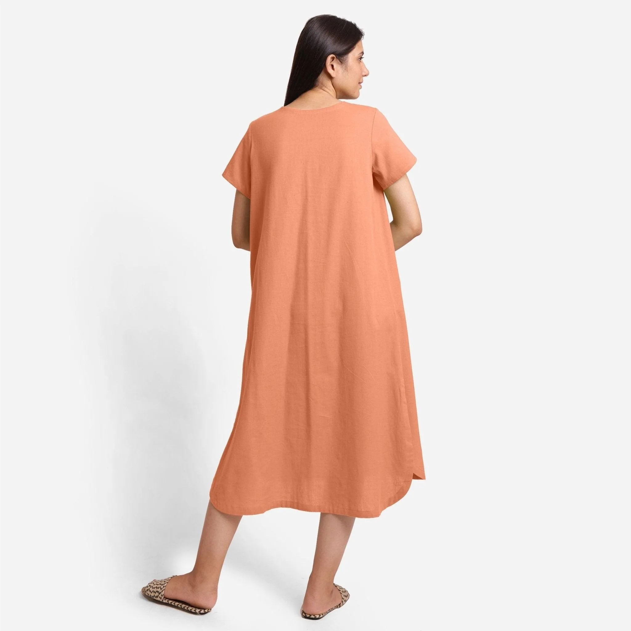 Peach Cotton Flax High-Low Midi Shift Dress