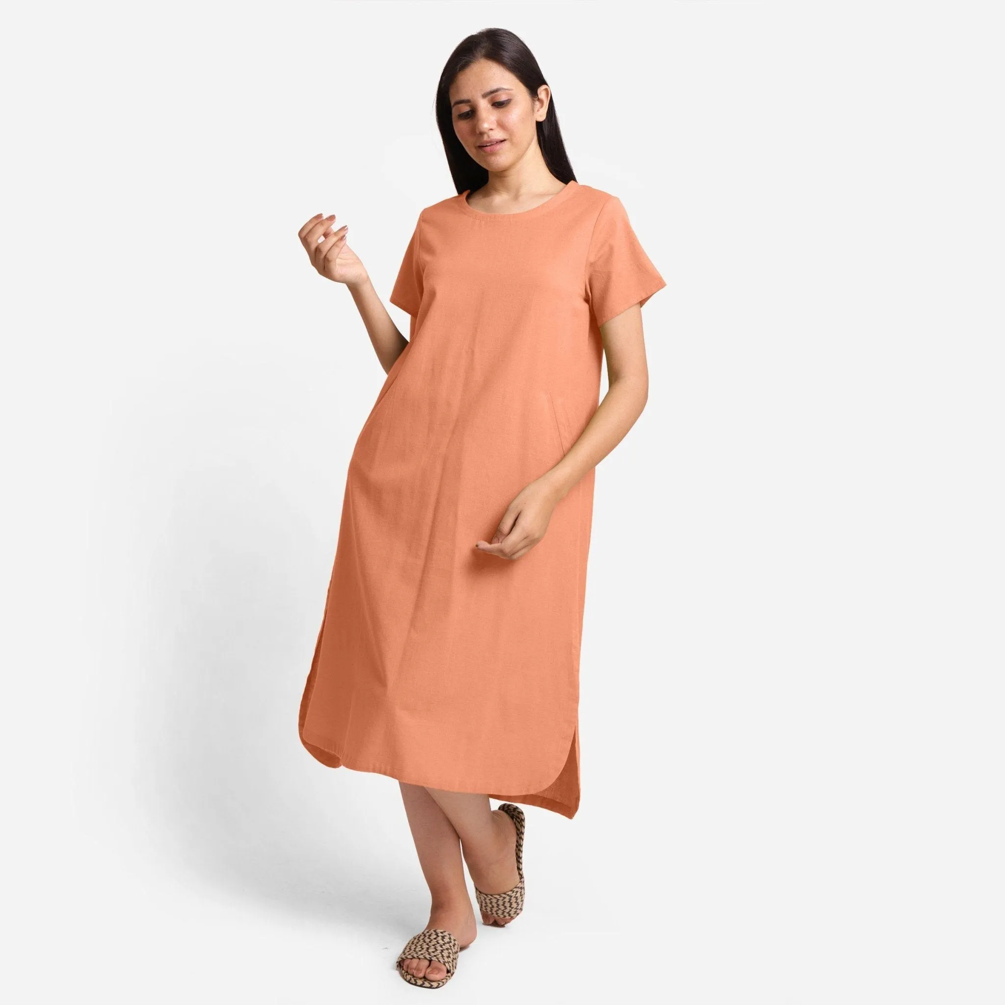 Peach Cotton Flax High-Low Midi Shift Dress