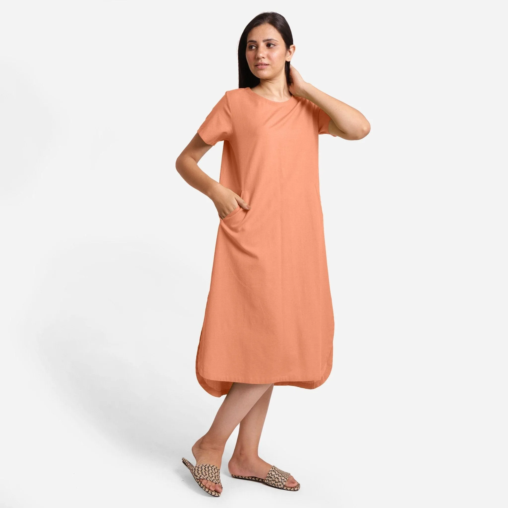 Peach Cotton Flax High-Low Midi Shift Dress