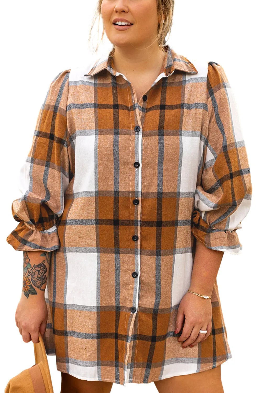 Plus Size Plaid Flounce Shirt Dress