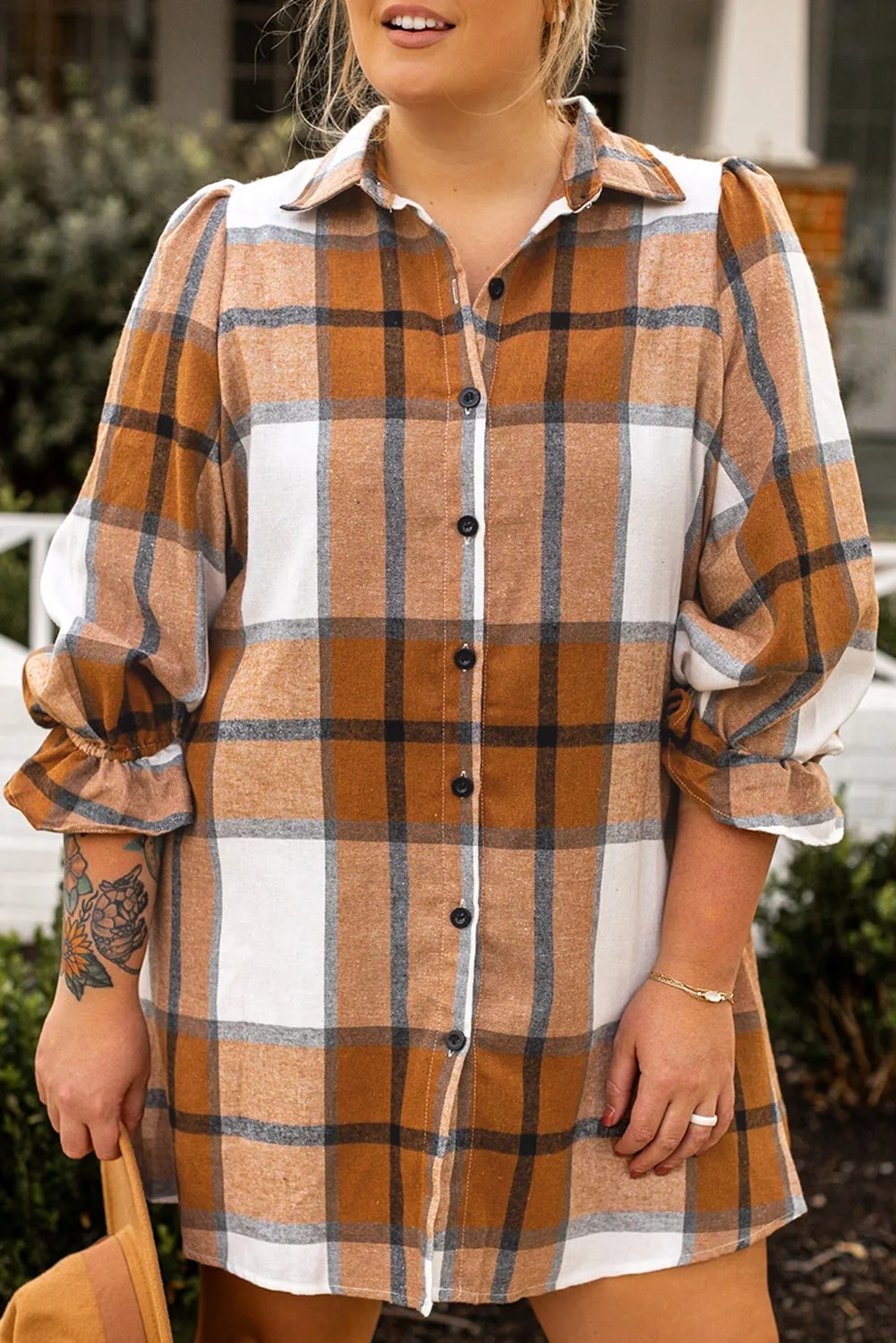 Plus Size Plaid Flounce Shirt Dress