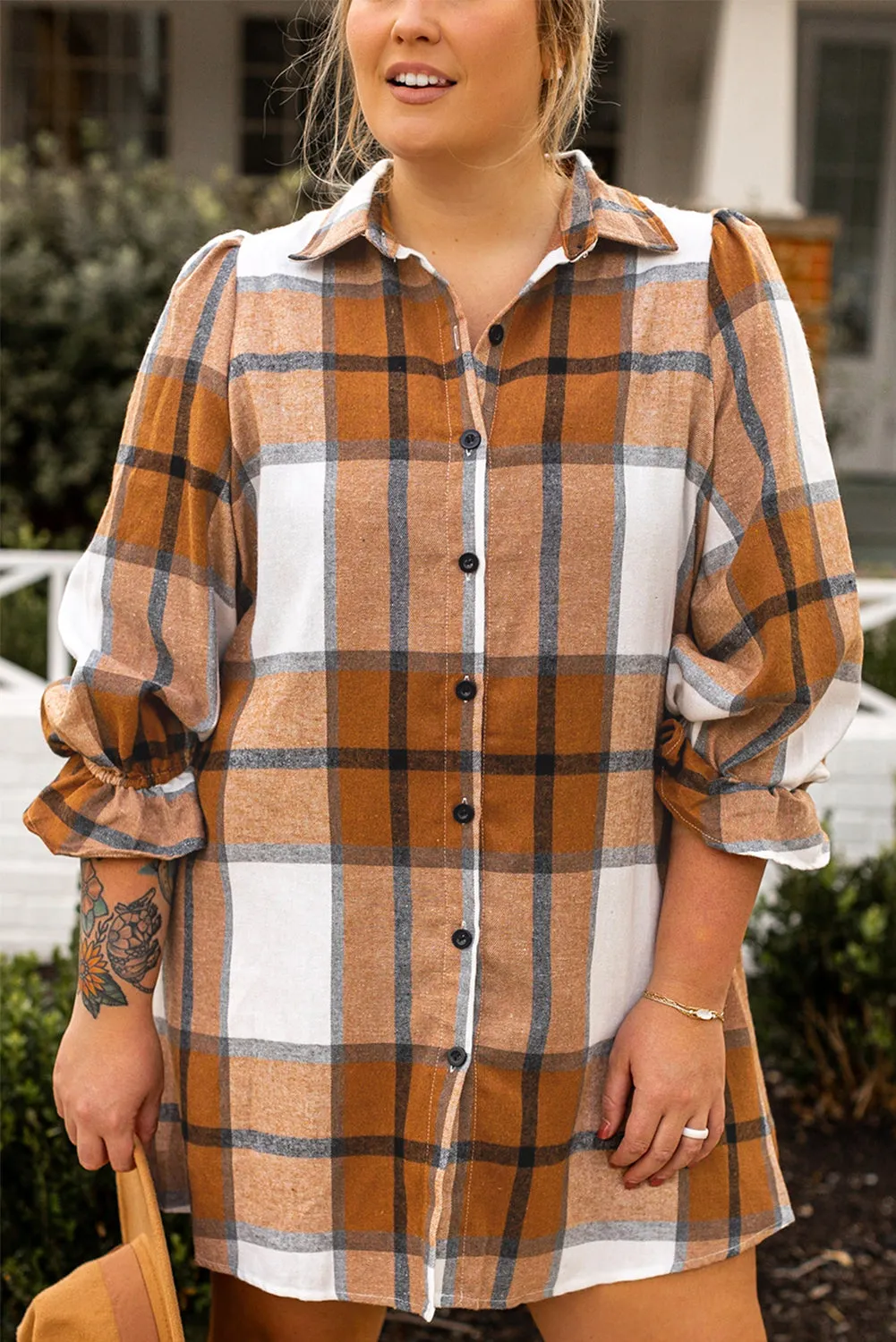 Plus Size Plaid Flounce Shirt Dress