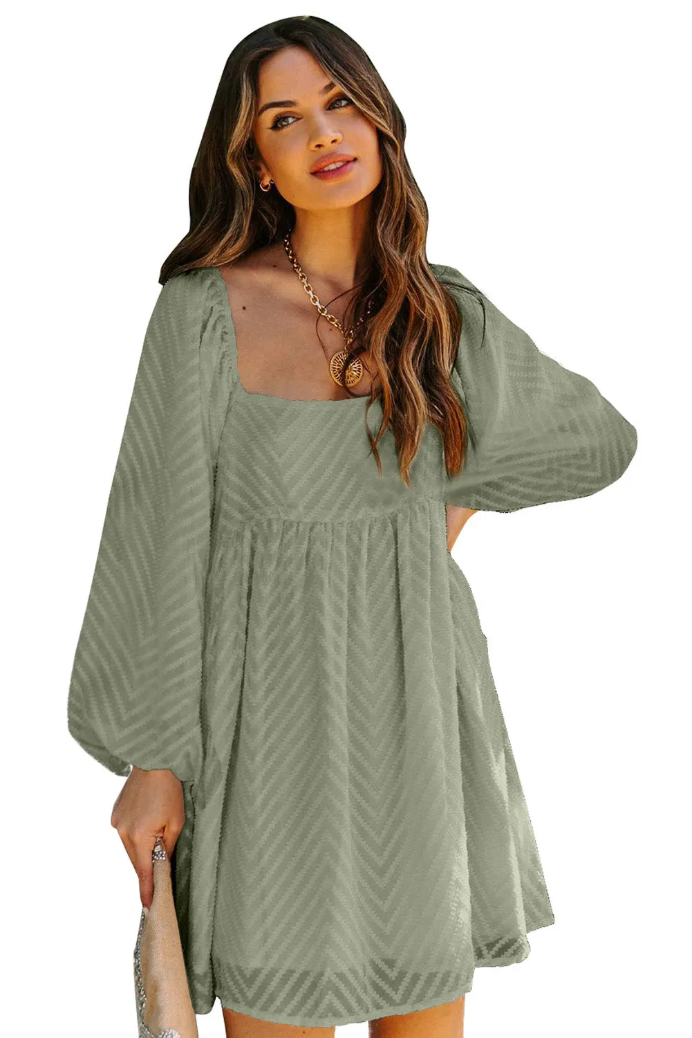 Puff Sleeve Babydoll Style Short Dress