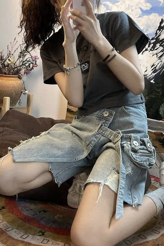 PZ293 Distressed Denim Knee Shorts