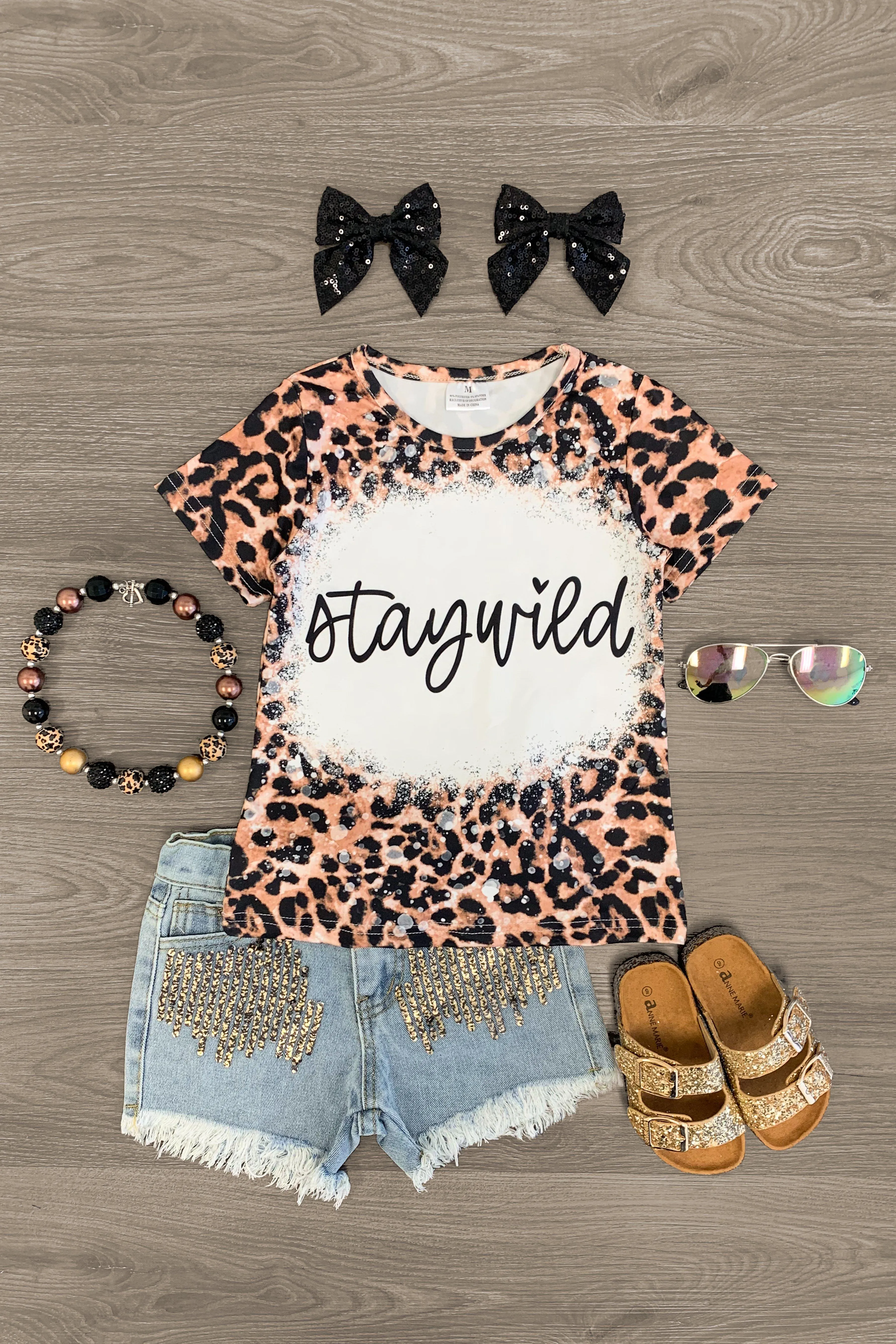 "Stay Wild" Cheetah Sequin Denim Short Set