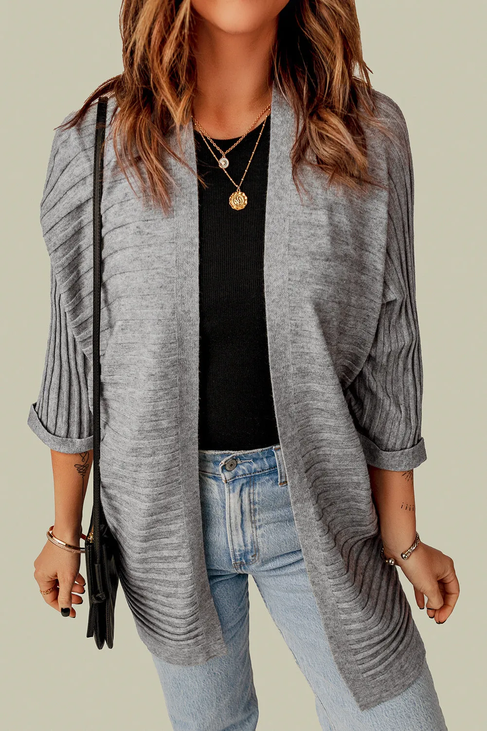 Ribbed Open Front Knit Cardigan