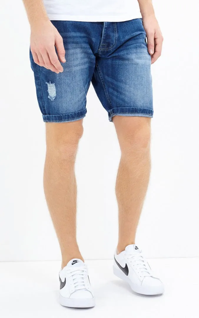 RIP DETAIL SANDBLASTED DENIM SHORTS