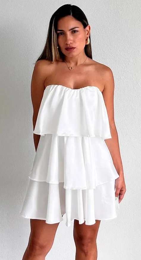 Sensationally Precious White Ruffled Shift Dress