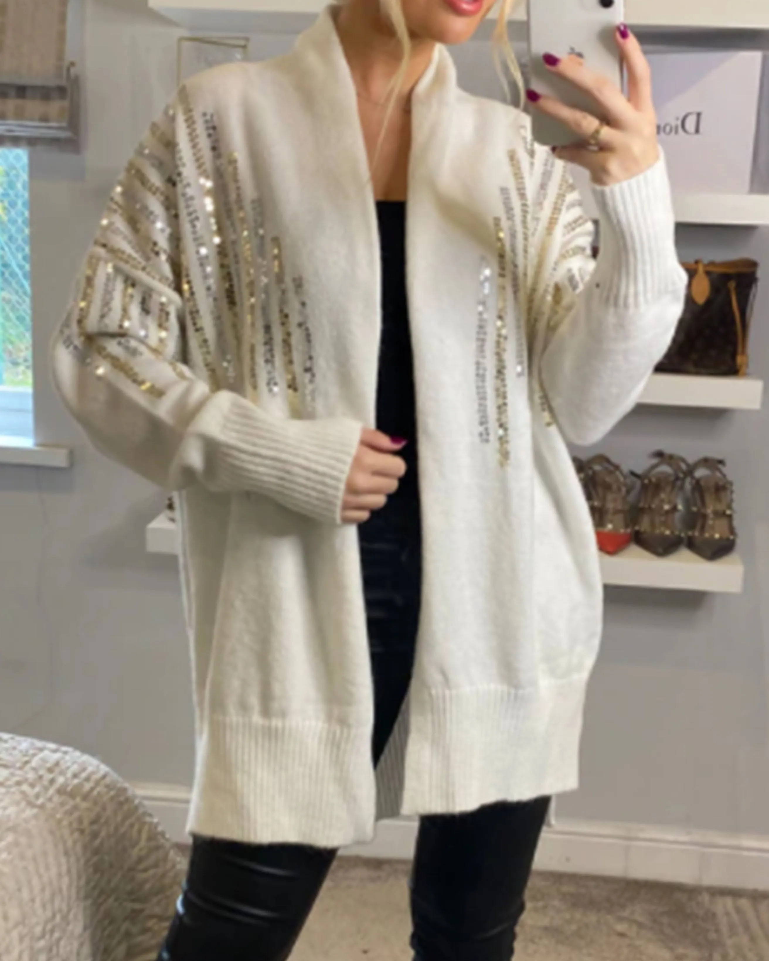 Sequin embellished shoulder and front soft knit cardigan