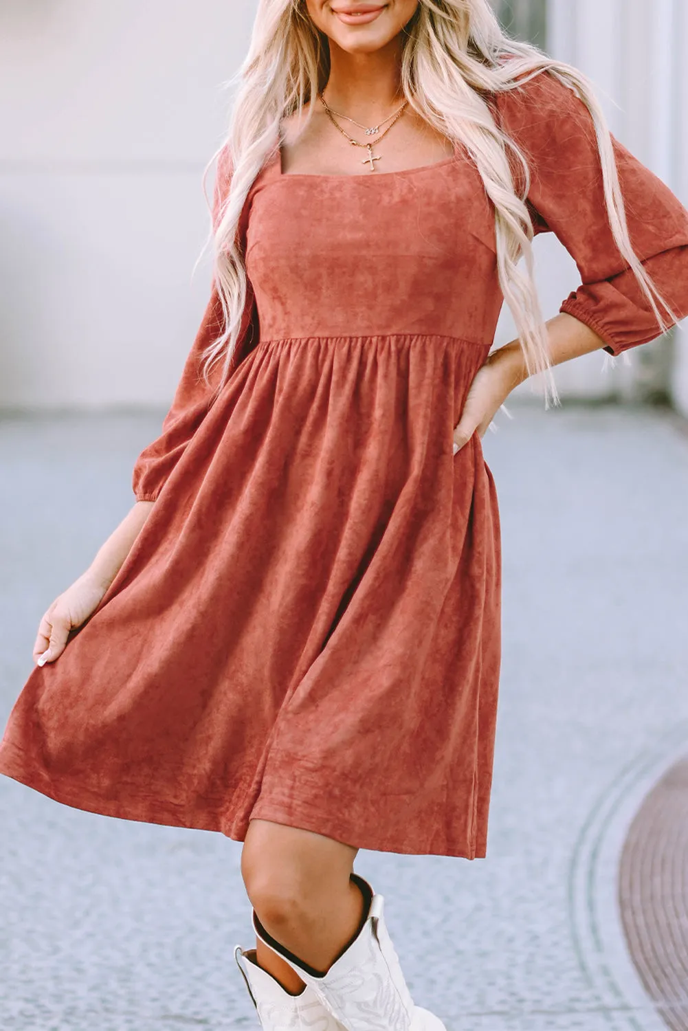 Suede Puff Sleeve Dress