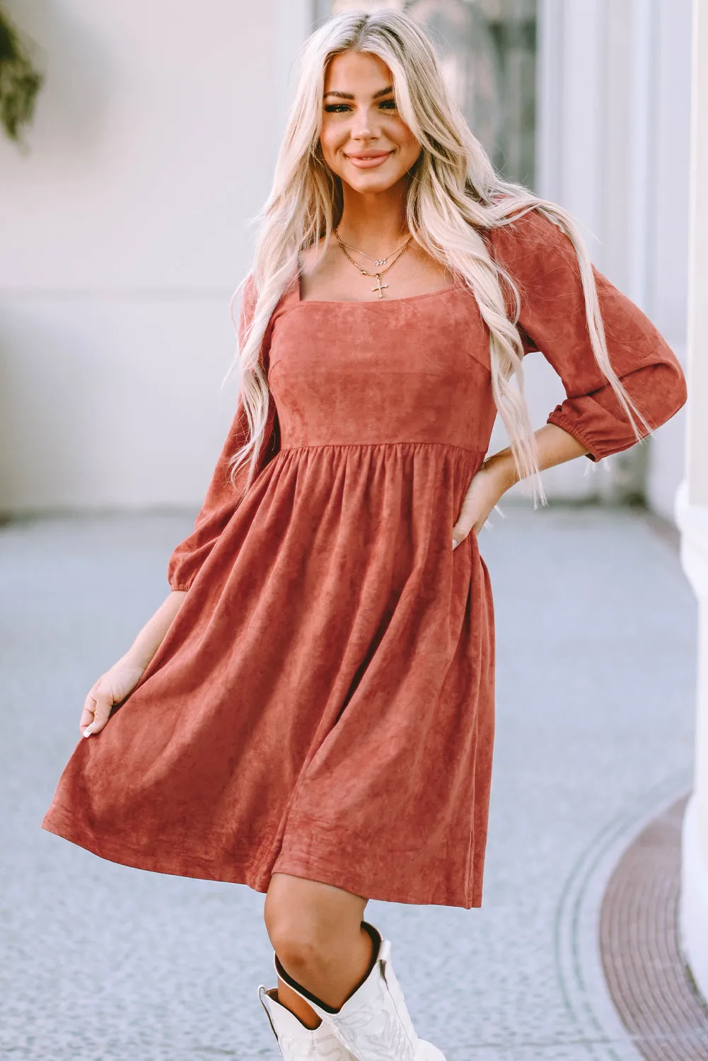 Suede Puff Sleeve Dress