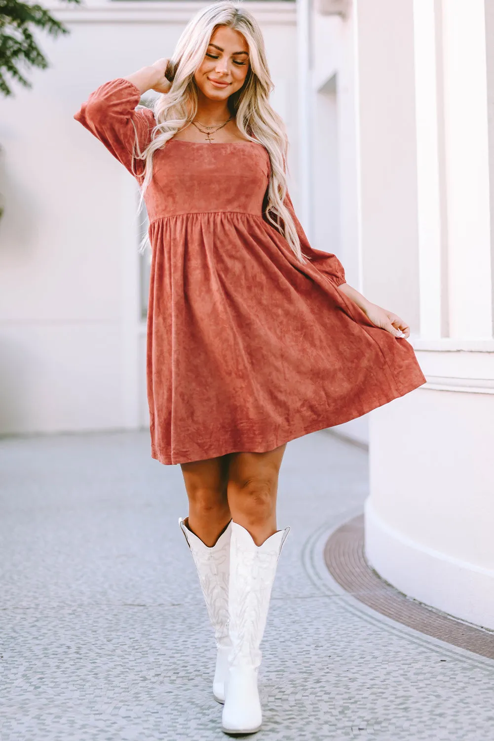 Suede Puff Sleeve Dress