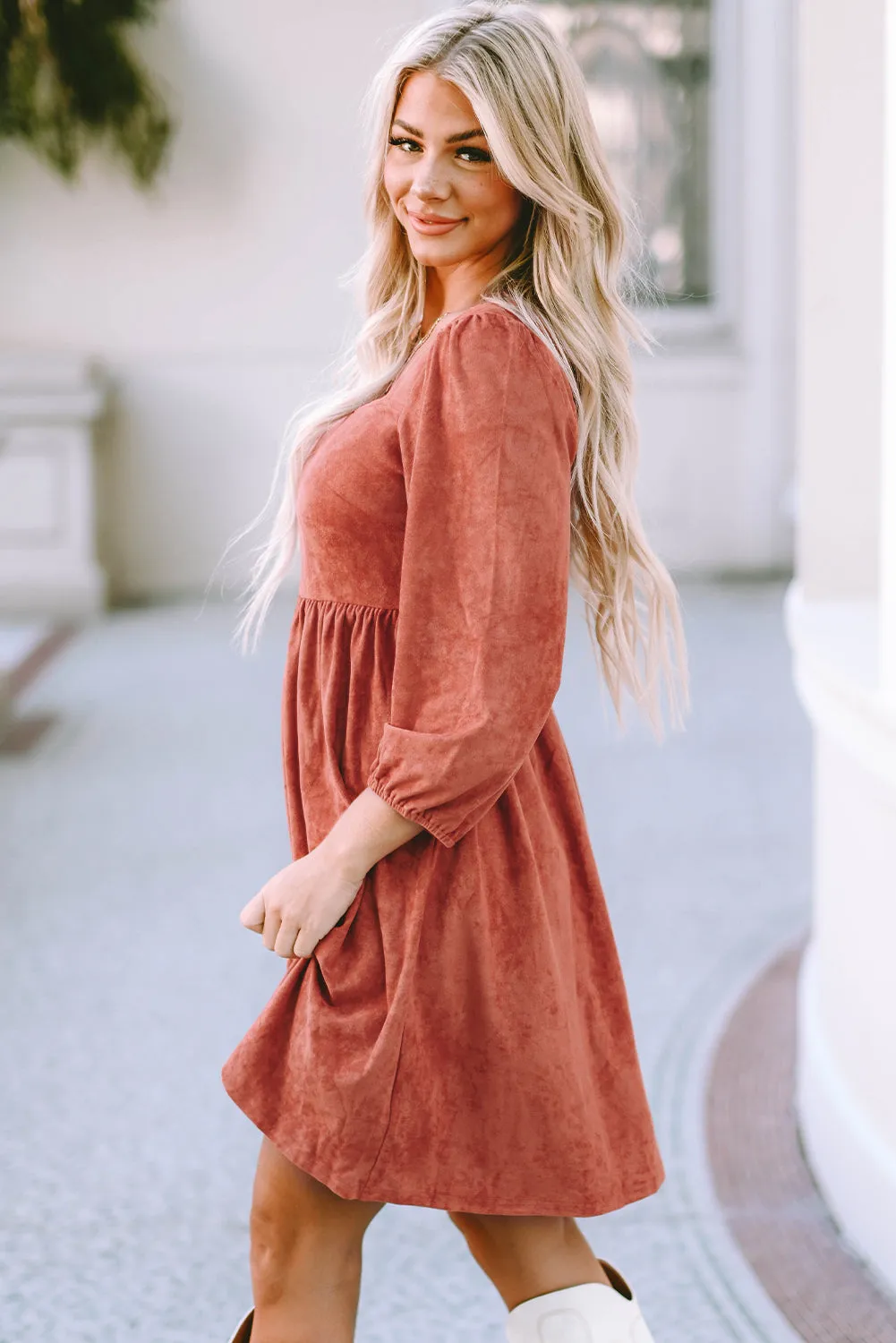 Suede Puff Sleeve Dress