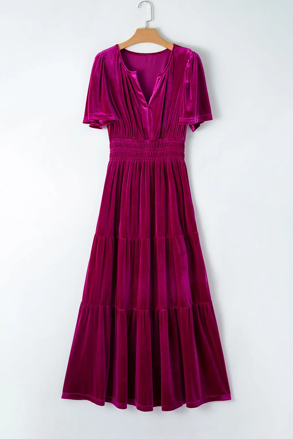 Velvet Shirred Waist Tiered Maxi Dress