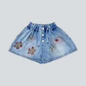 Wide flower embellished denim shorts