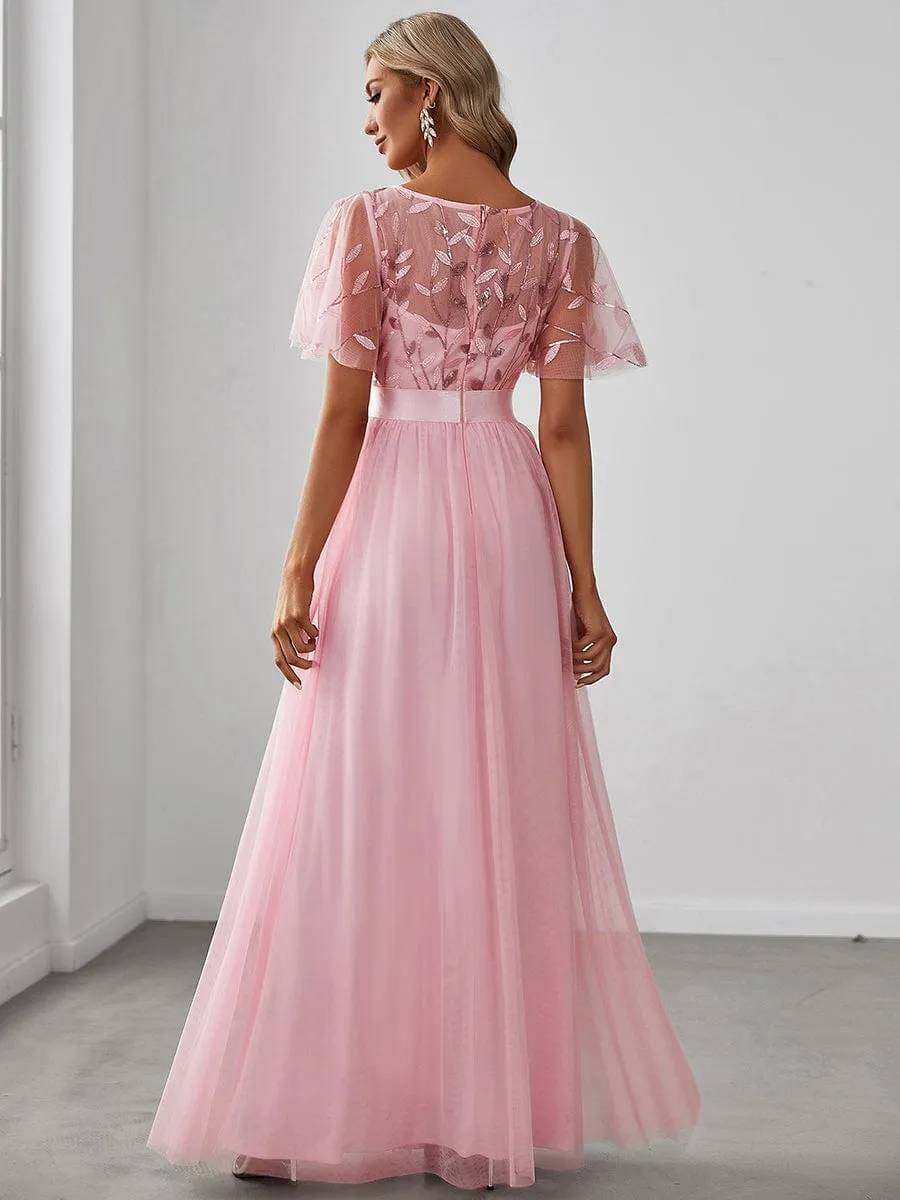 Women's A-Line Short Sleeve Embroidery Floor Length Dresses In Pink