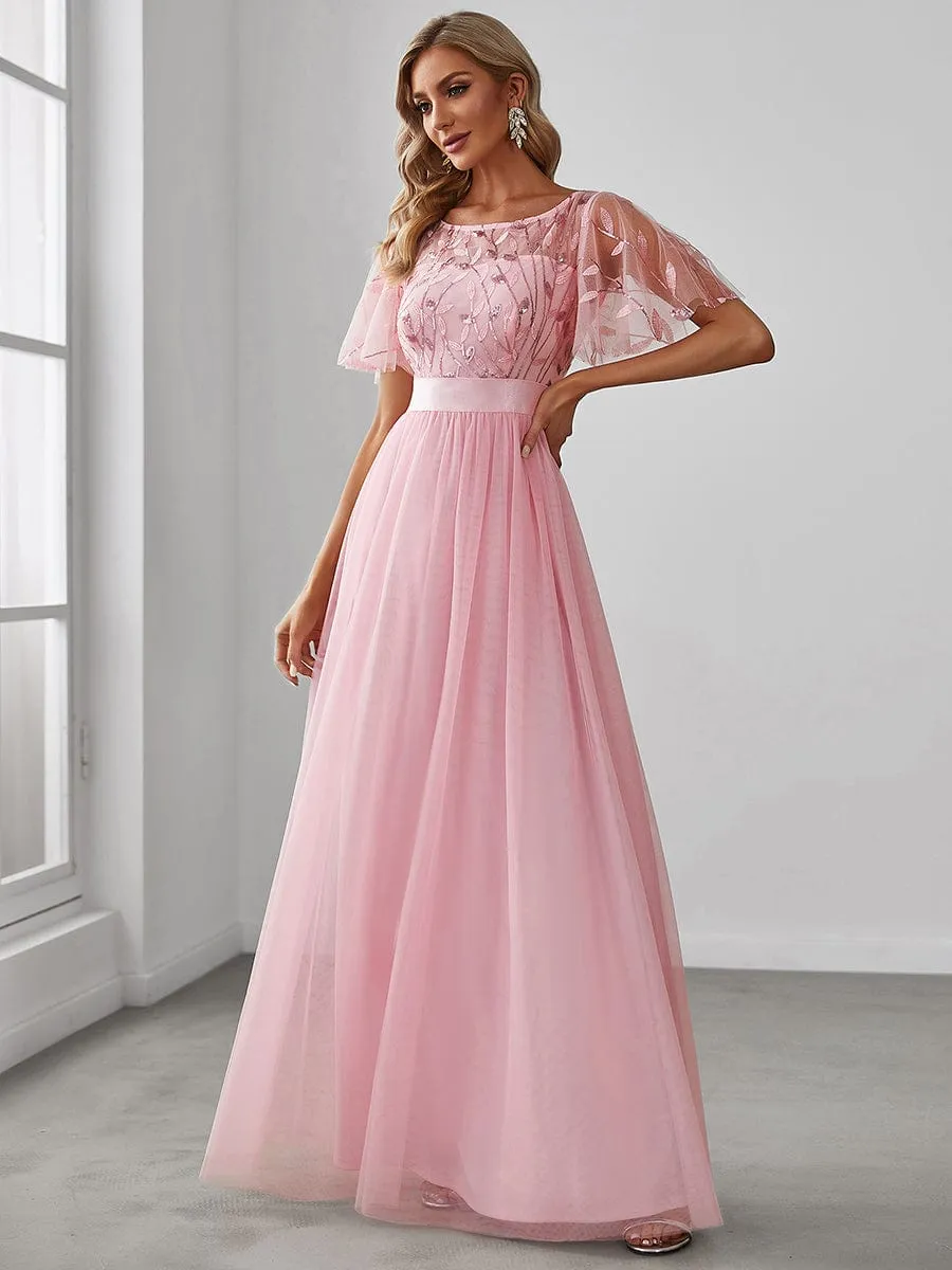 Women's A-Line Short Sleeve Embroidery Floor Length Dresses In Pink