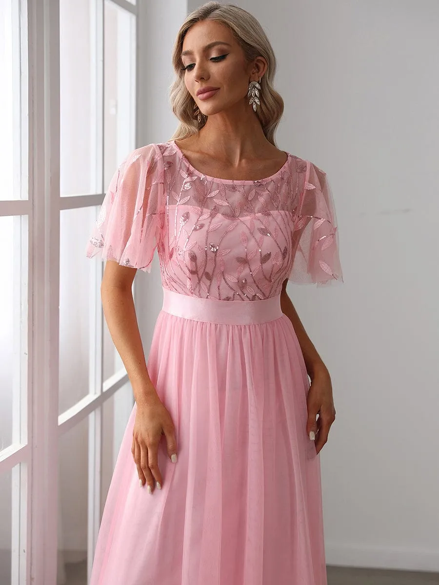 Women's A-Line Short Sleeve Embroidery Floor Length Dresses In Pink