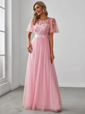 Women's A-Line Short Sleeve Embroidery Floor Length Dresses In Pink