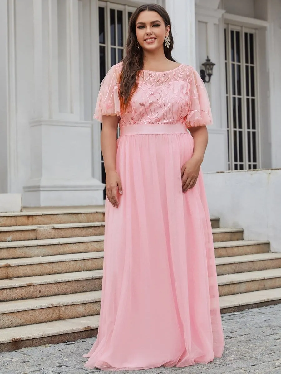 Women's A-Line Short Sleeve Embroidery Floor Length Dresses In Pink