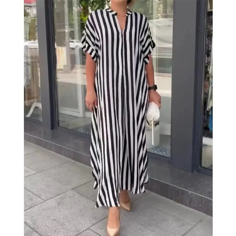 Women's Summer Fashion Striped Printed V Neck Short Sleeve Split Long Shirt Dresses Casual Streetwear Oversized Maxi Dress Robes B-25549