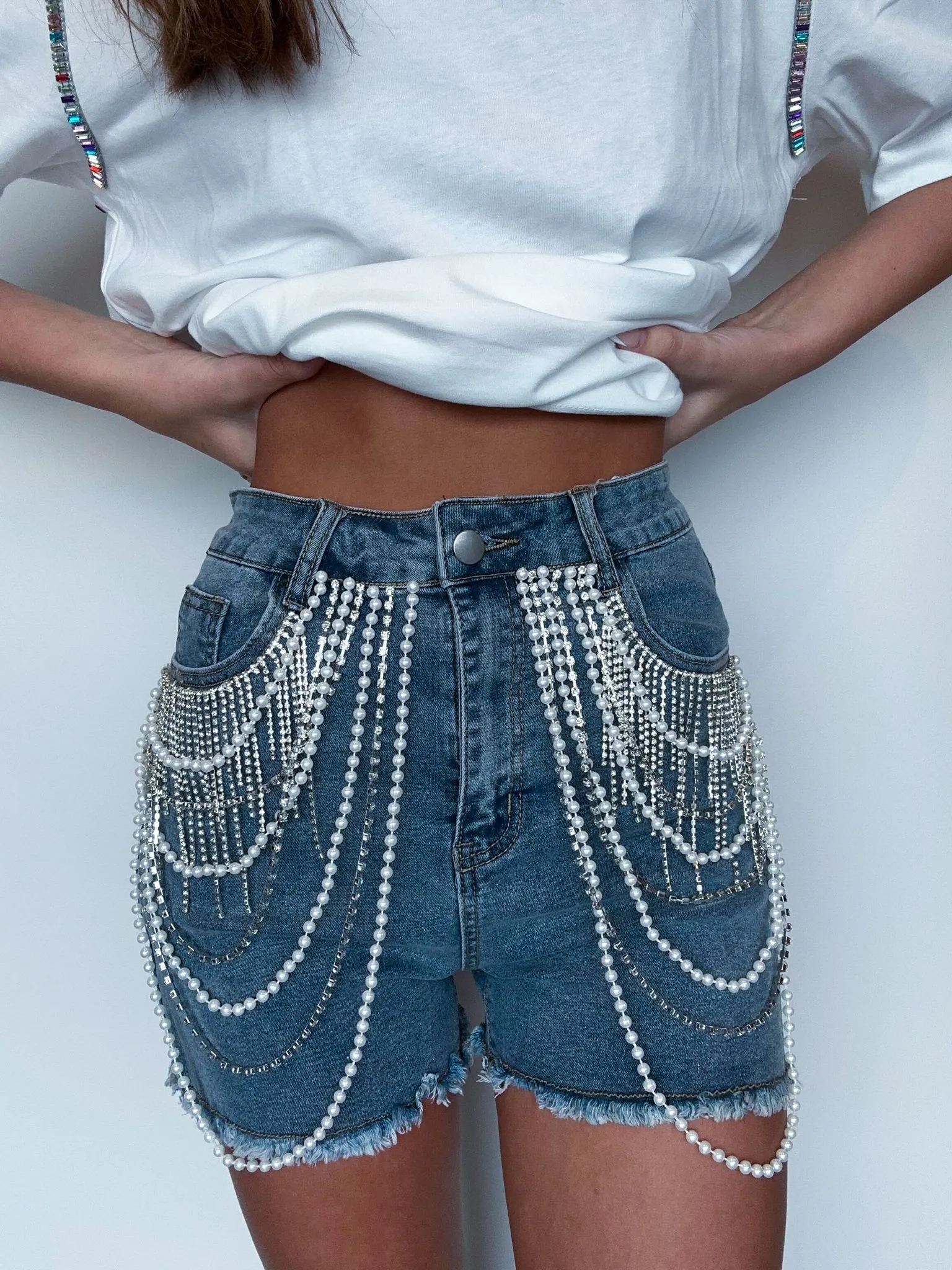 Wrap Me In Pearls Denim Shorts