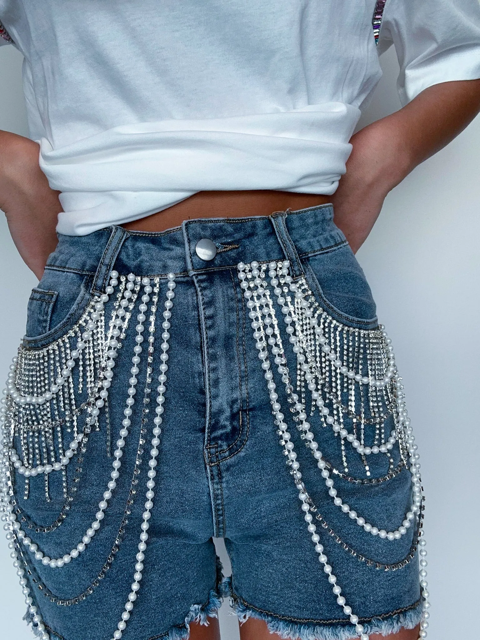 Wrap Me In Pearls Denim Shorts