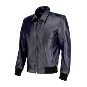 Zipper Vintage Bomber Polo Leather Jacket-Blue