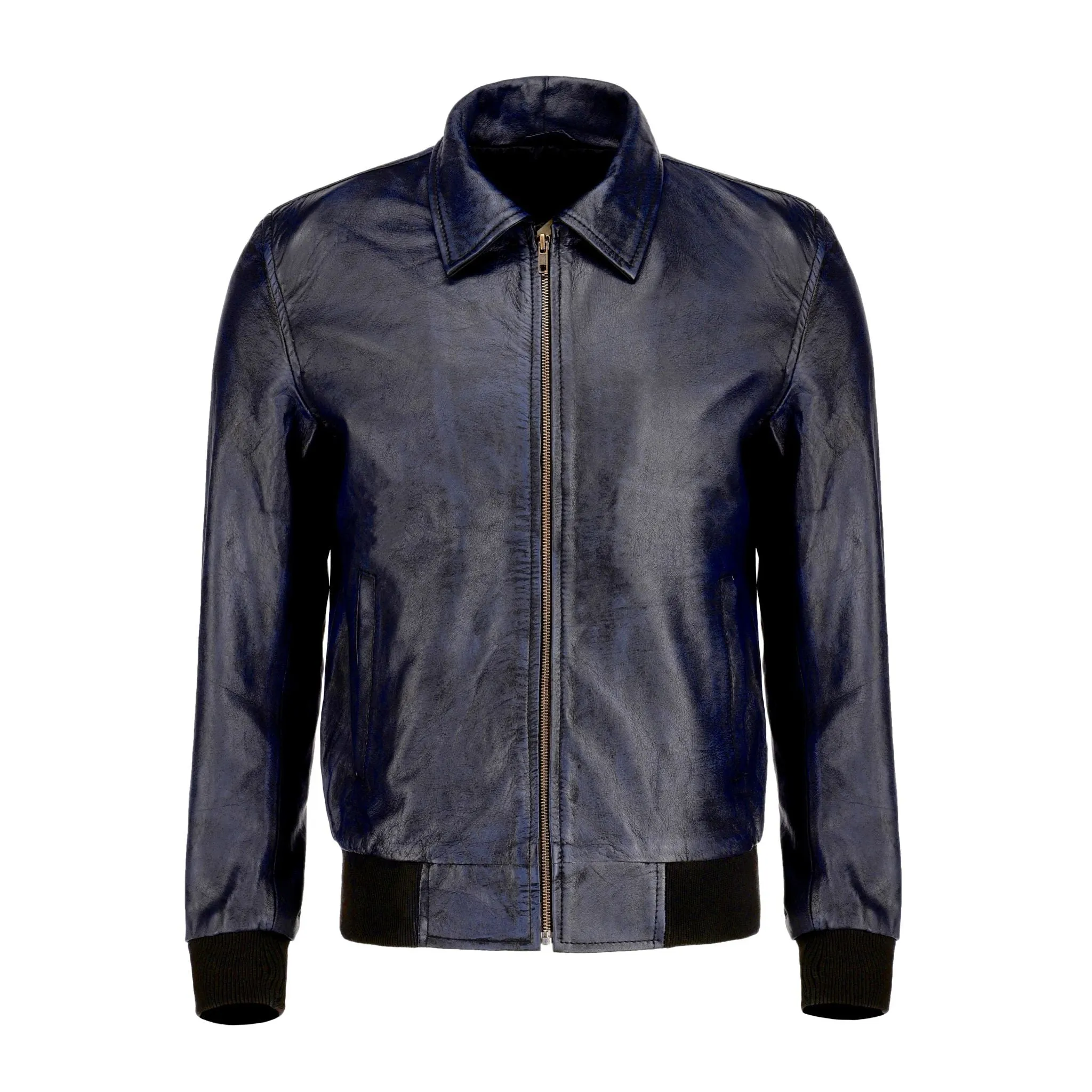 Zipper Vintage Bomber Polo Leather Jacket-Blue